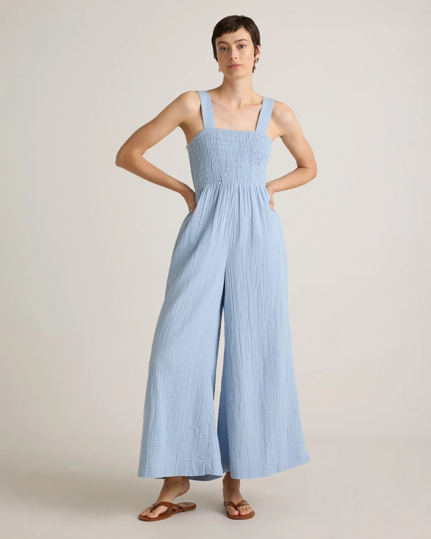 100% Organic Cotton Gauze Smocked Wide Leg Jumpsuit