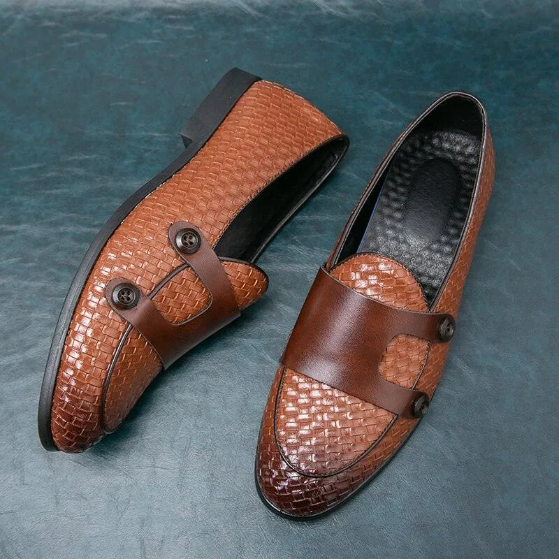 Brown Woven Monk Strap Loafers - Men Shoes