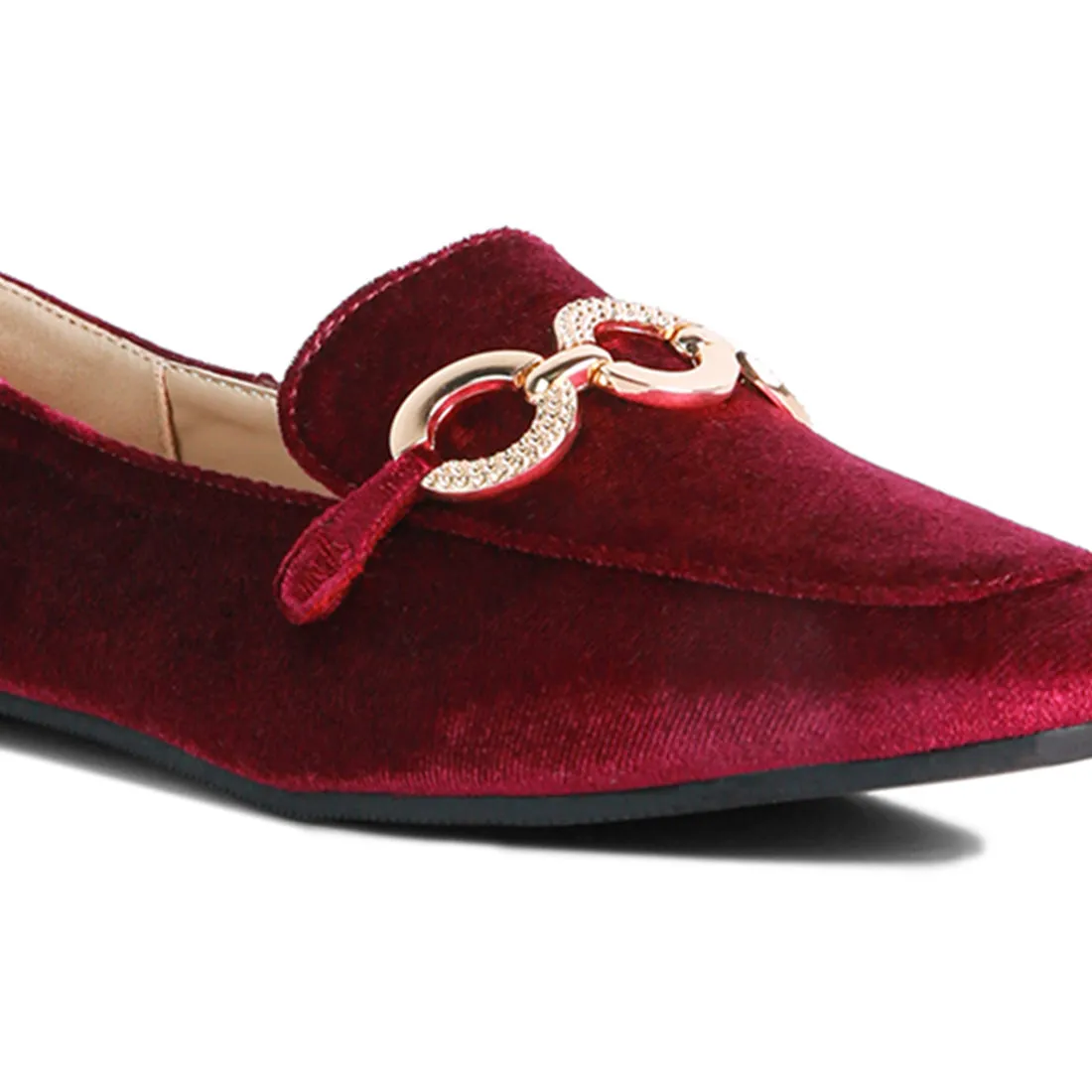 Burgundy Velvet Diamante Buckle Casual Loafers