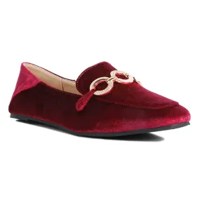 Burgundy Velvet Diamante Buckle Casual Loafers