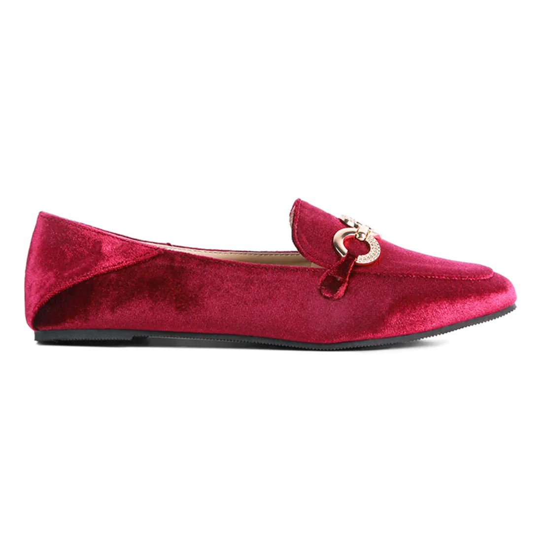 Burgundy Velvet Diamante Buckle Casual Loafers