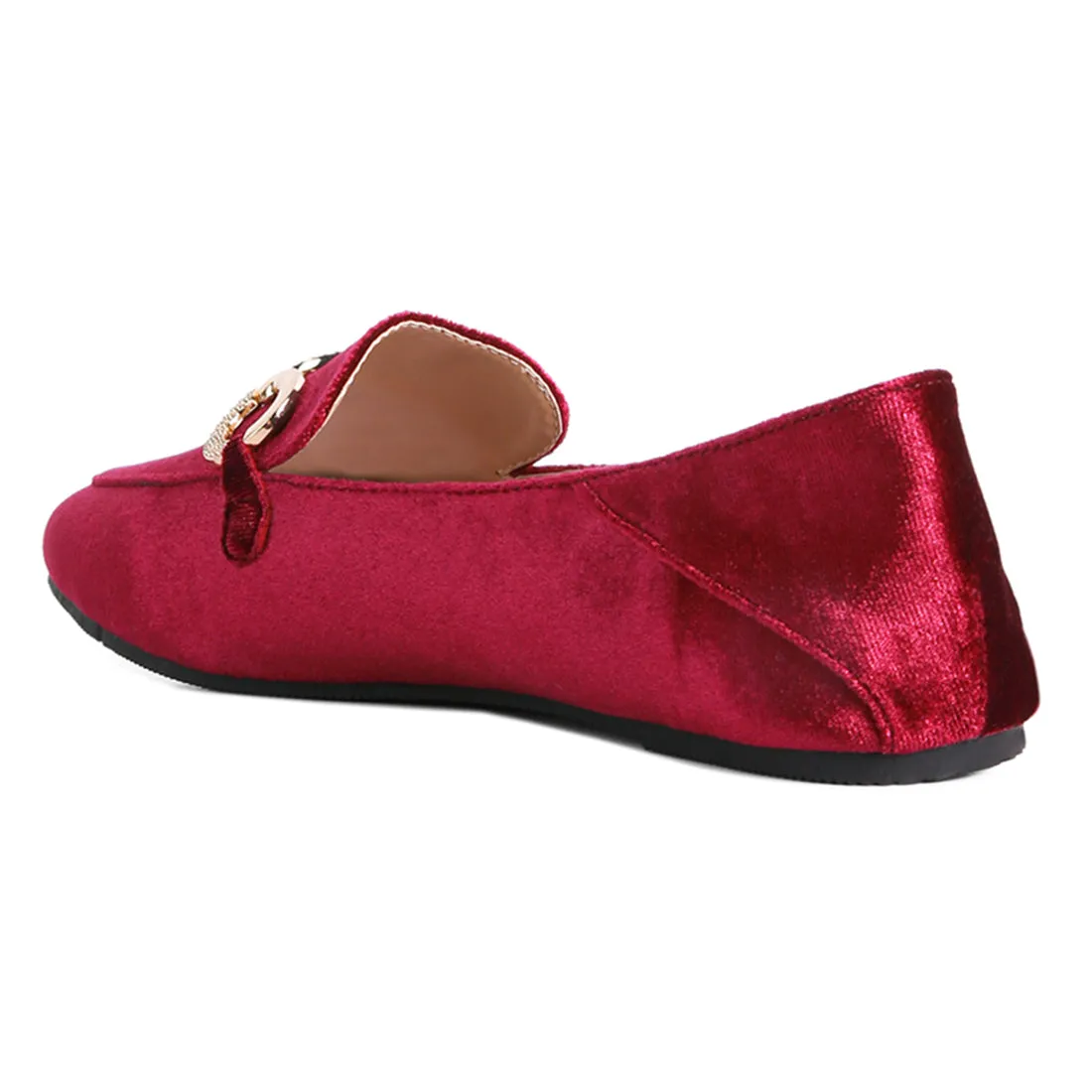 Burgundy Velvet Diamante Buckle Casual Loafers