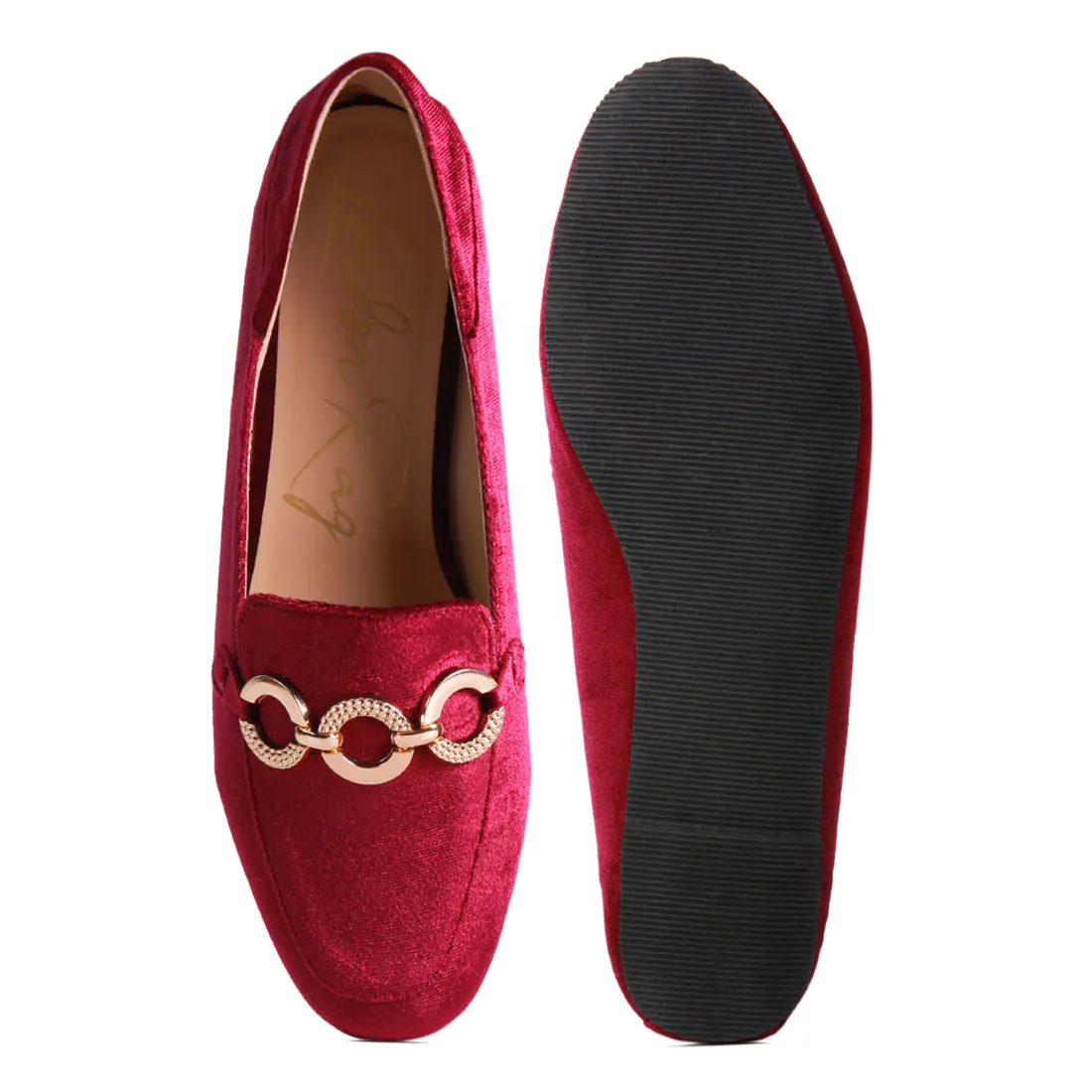 Burgundy Velvet Diamante Buckle Casual Loafers