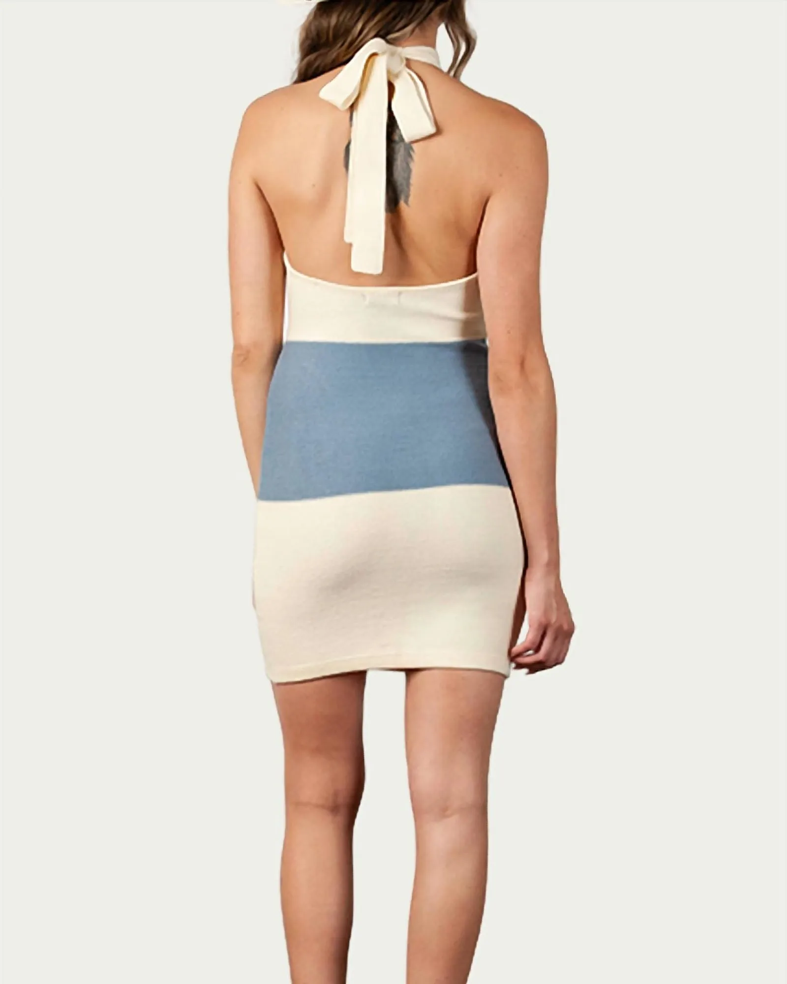 Candytuft Knitted Halterneck Mini Dress in Ivory/Blue | Ivory/Blue