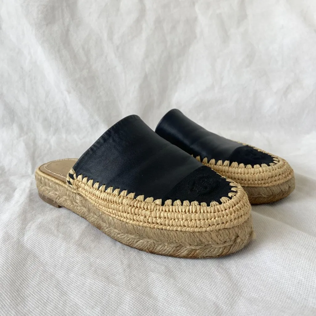 Chanel woven espadrille mules with black leather and CC stitch detail, 37