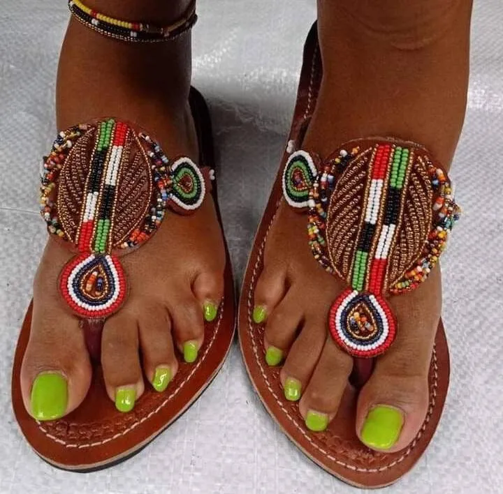 Earth colors beaded handmade ladies maasai masai masaai leather slipper sandals with free shipping