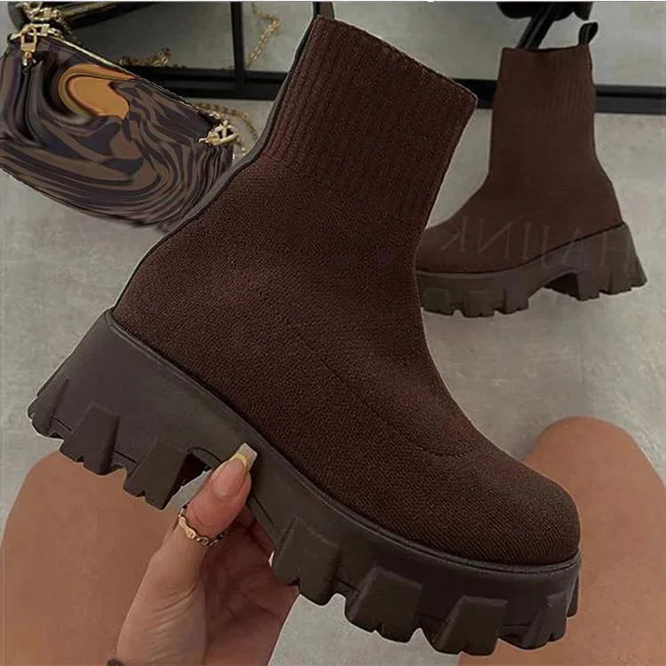 Elegant Women Boots Elastic Platform Breathable Slip On Heels