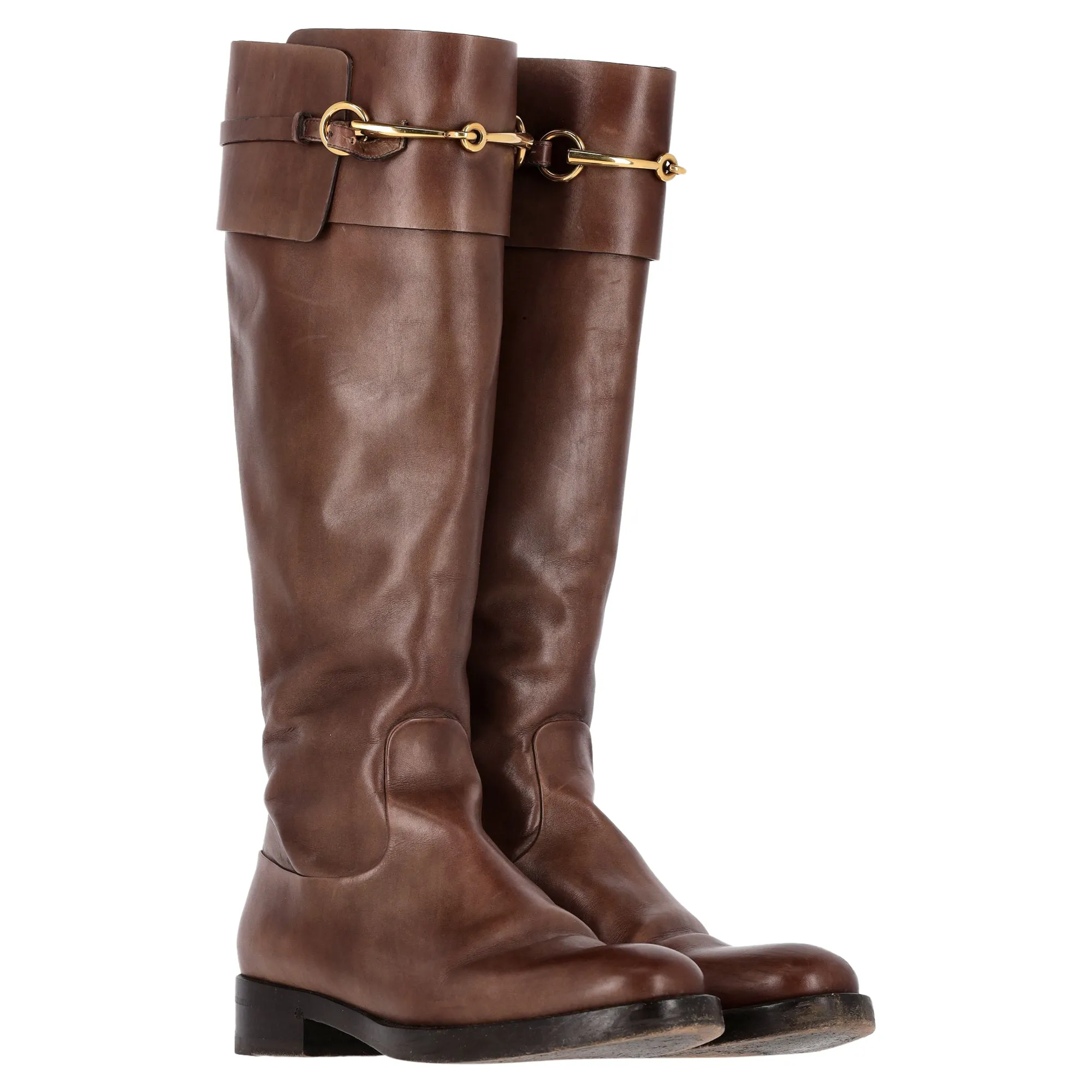 Gucci Logo-Plaque Boots in Brown Calfskin Leather