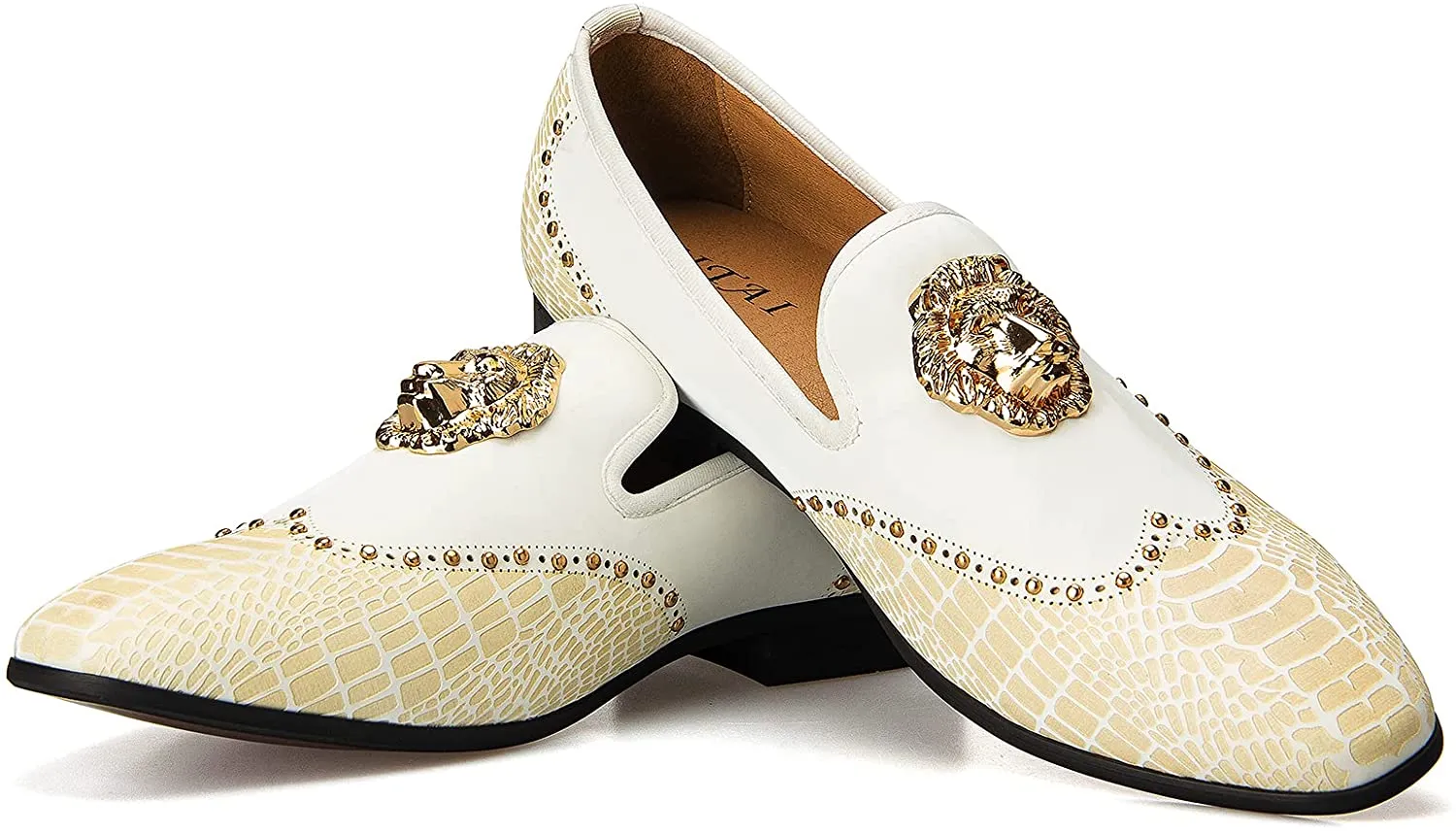 Lion Buckle White Leather Loafers Men's Shoes