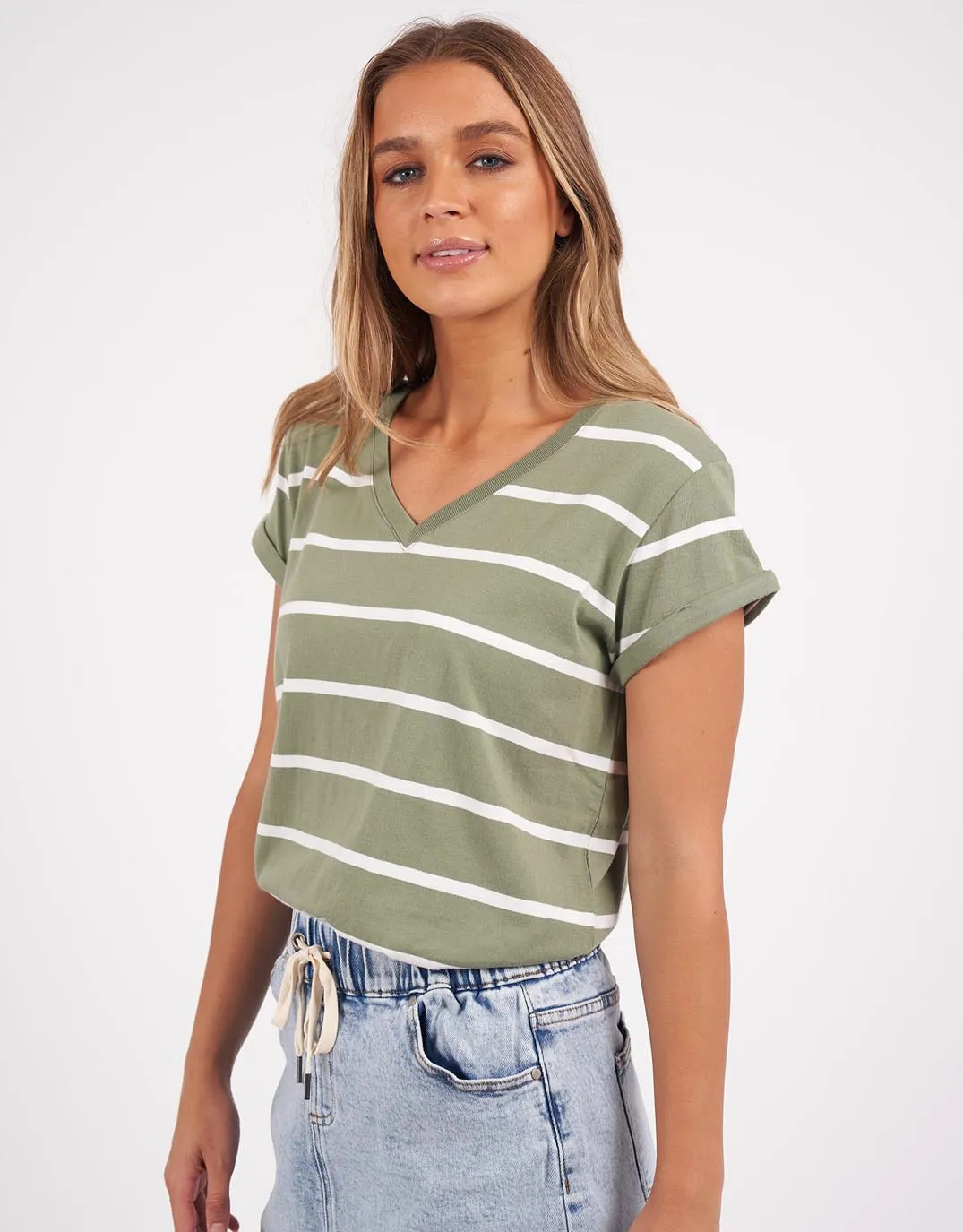 Manly Stripe Vee Tee - Sage/White Stripe