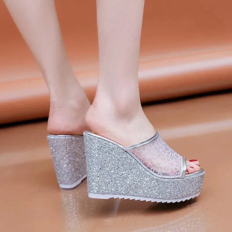 Mesh Platform Slip On Wedge Sandals