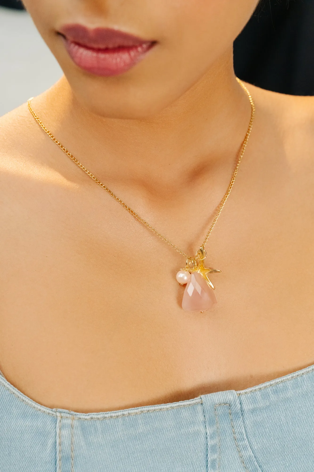 Rose Quartz Natural Stone Necklace With Starfish & Pearl Charm